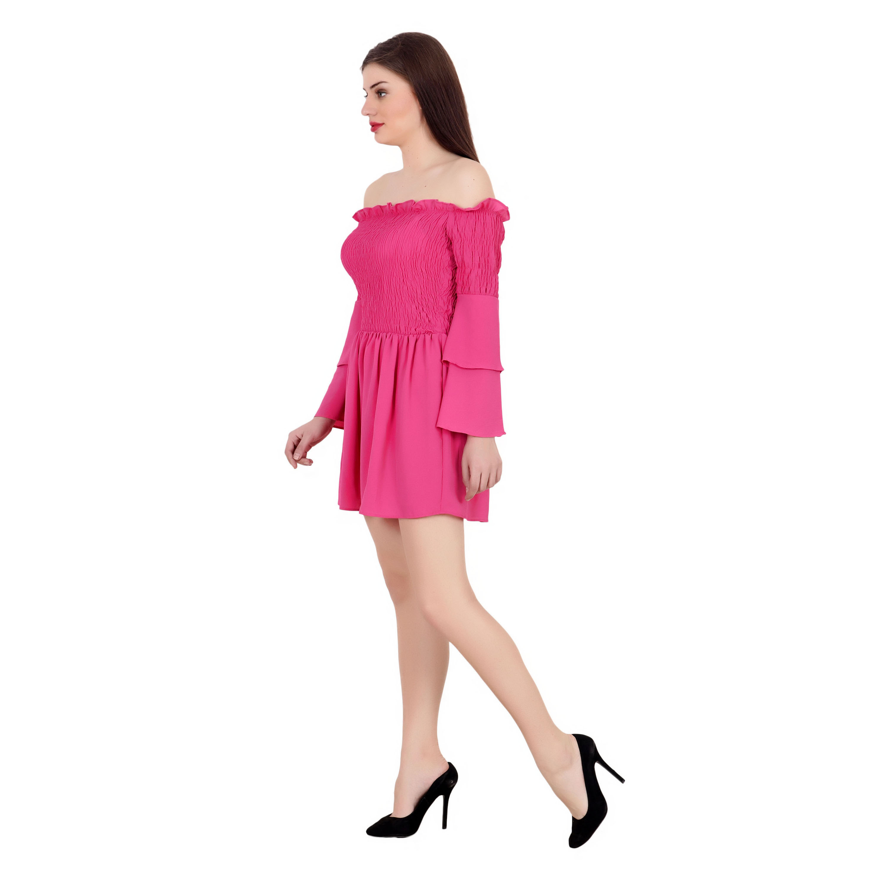 PINK OFF SHOULDER BELL SLEEVE FLARED MIDI